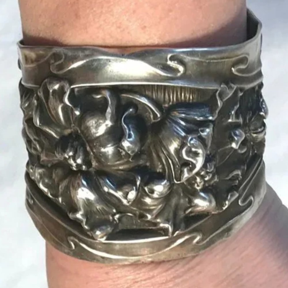 Antique Art Nouveau Sterling Cuff Bracelet Floral 925 Victorian Wide Bouquet